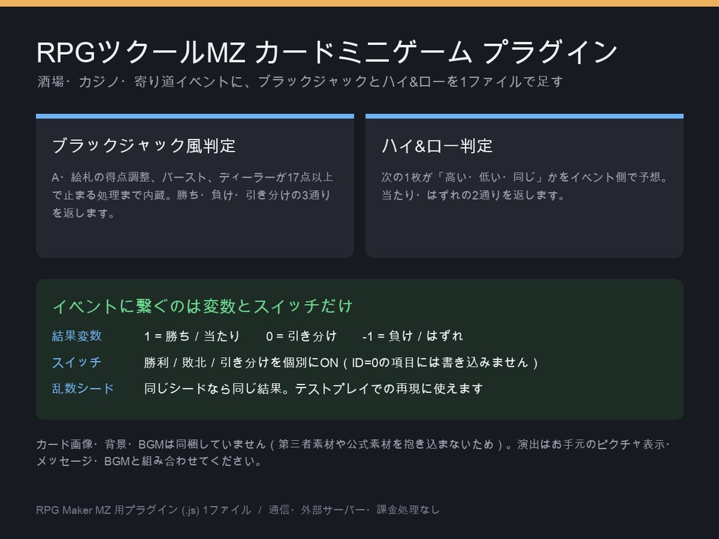 【RPGツクールMZ プラグイン】カードミニゲーム素材｜ブラックジャック＆ハイ&ロー判定を変数・スイッチで受け取る（動作確認テスト同梱）