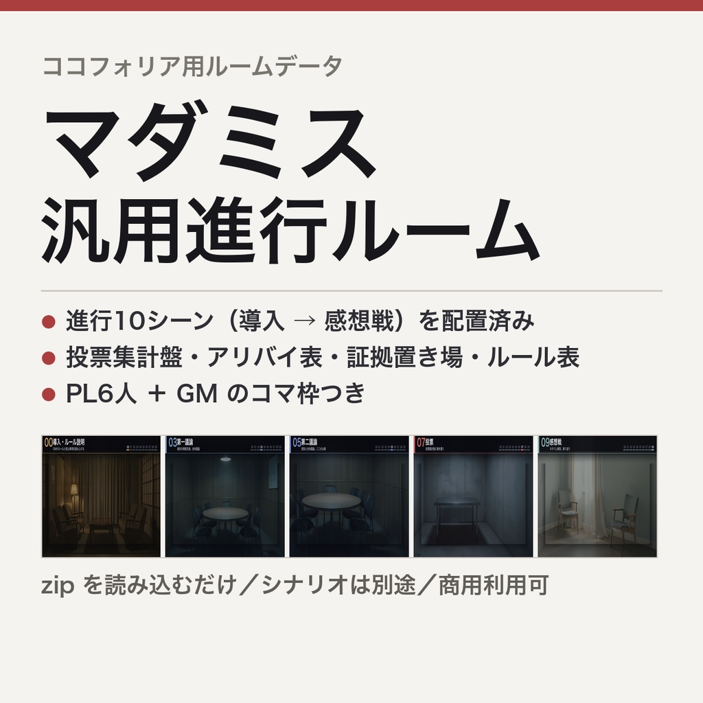【ココフォリア用ルームデータ】マダミス 汎用進行ルーム｜投票集計盤・アリバイ表つき／進行10シーン＋PL6/GM枠 配置済み・商用可