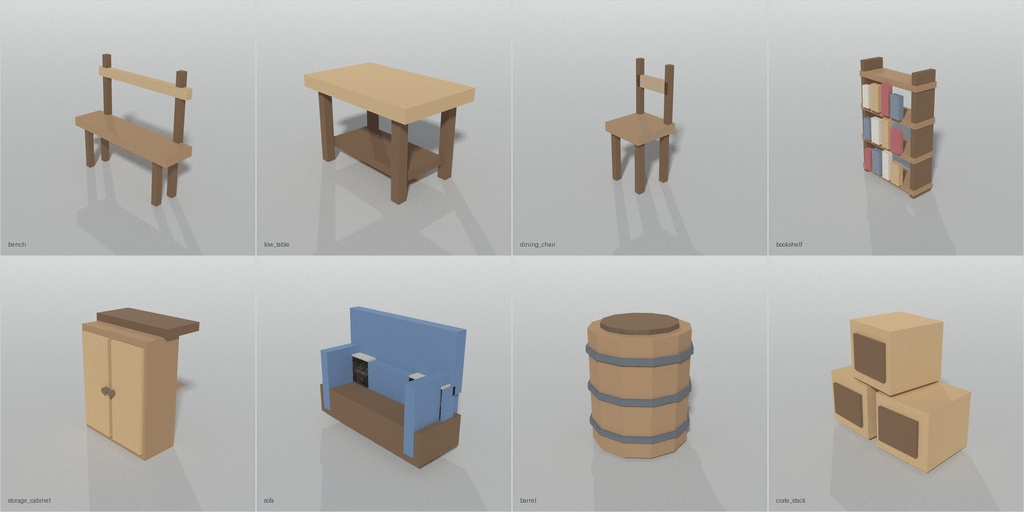 ローポリ 小物・家具 8点｜ベンチ・本棚・ソファ・木樽・木箱（glTF / FBX / .blend・商用可）