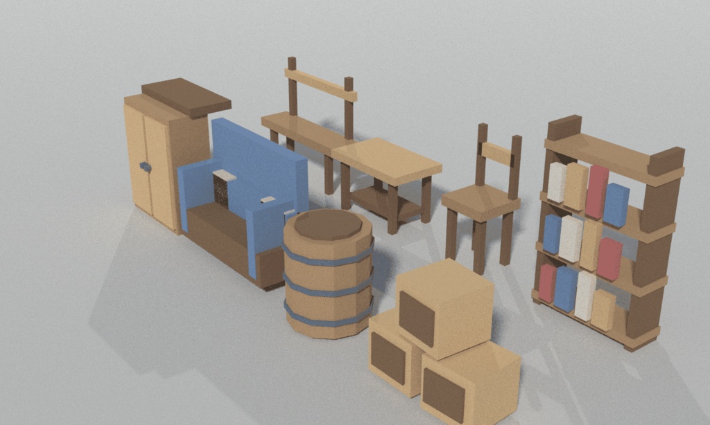 ローポリ 小物・家具 8点|ベンチ・本棚・ソファ・木樽・木箱(glTF / FBX / .blend・商用可)