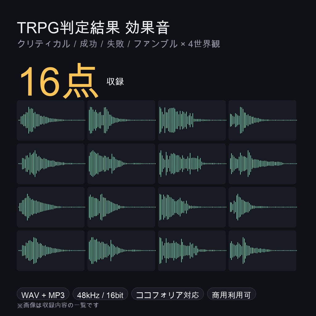 TRPG判定結果の効果音 16点｜世界観別にクリティカル・成功・失敗・ファンブルが揃うセット｜ココフォリア対応・WAV＋MP3・商用可