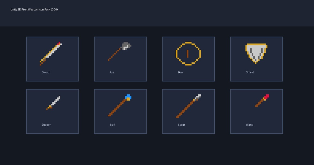 【CC0/商用利用可】2D ドット絵 武器アイコン 8種セット【Unity / GameMaker / TRPG 素材】