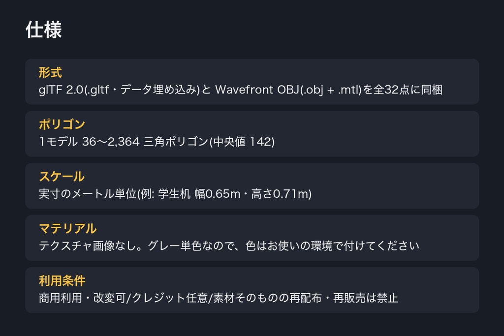 ローポリ 学校・教室小物 大量パック 32点|机・椅子・黒板・ロッカー・掃除用具・文具・時計(glTF / OBJ・商用可)