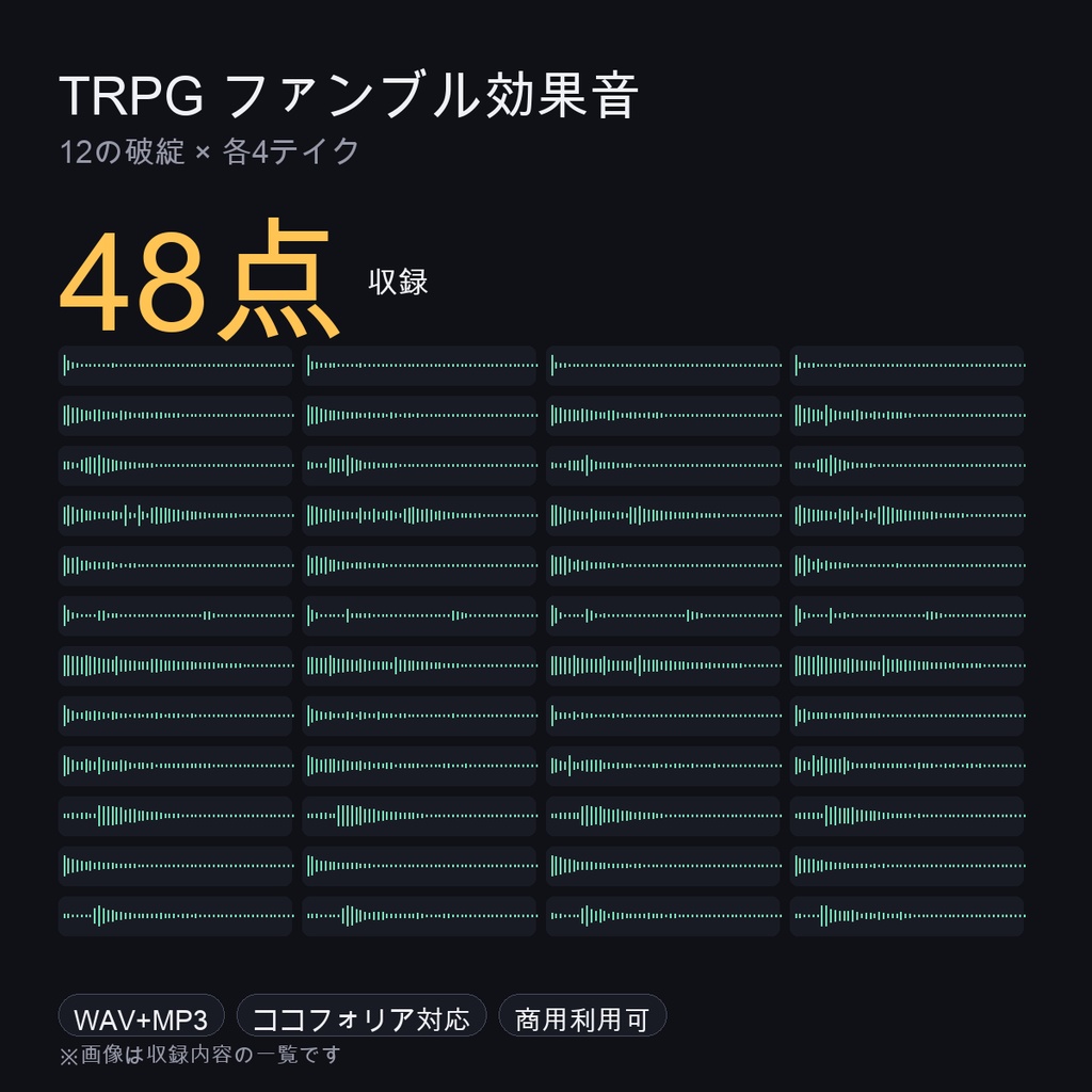 ファンブル専用 効果音 48点｜TRPG大失敗を12の破綻で鳴らし分ける・各4テイクで繰り返さない｜ココフォリア対応・WAV＋MP3・商用可
