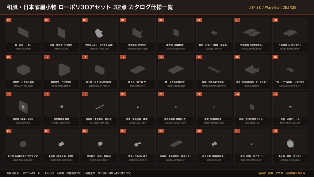 ローポリ 和風・日本家屋・和室小物 大量パック 32点｜畳・ちゃぶ台・行灯・屏風・茶道具・箪笥（glTF / OBJ・商用可）