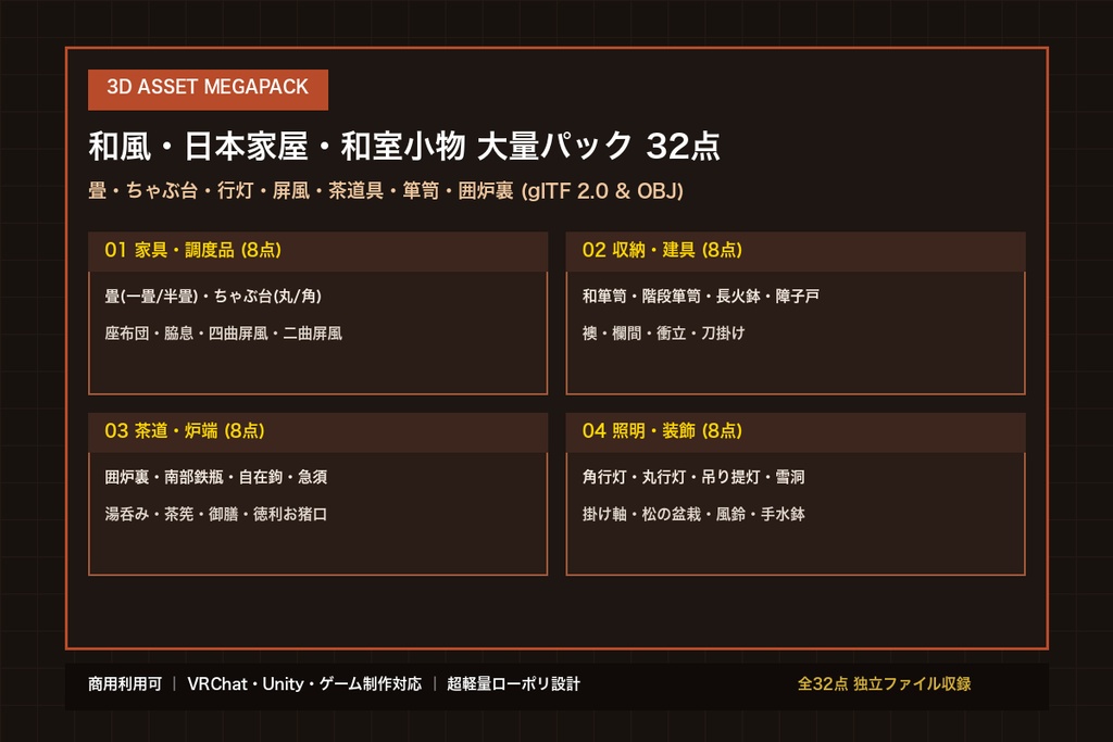 ローポリ 和風・日本家屋・和室小物 大量パック 32点|畳・ちゃぶ台・行灯・屏風・茶道具・箪笥(glTF / OBJ・商用可)