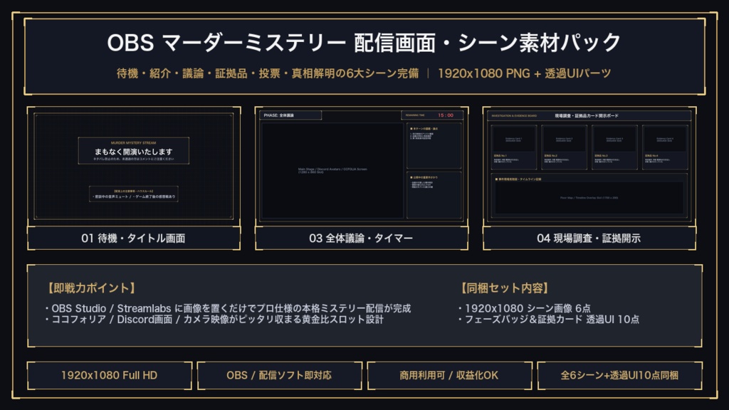 【OBS配信素材】マーダーミステリー配信用シーン＆透過UIオーバーレイ 16点セット｜1920x1080 Full HD｜待機・議論・調査・投票・真相解明｜商用利用可