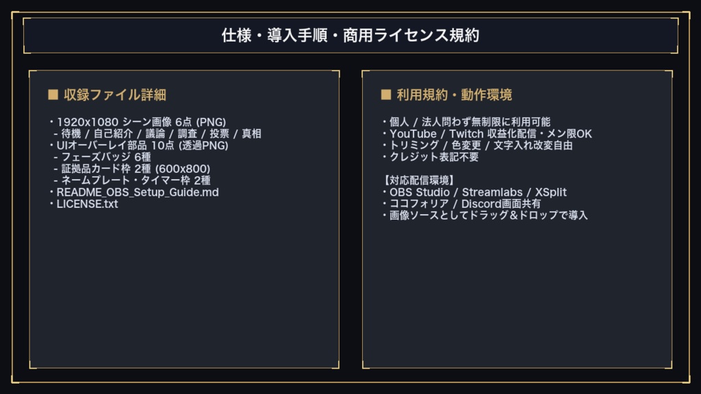 【OBS配信素材】マーダーミステリー配信用シーン&透過UIオーバーレイ 16点セット|1920x1080 Full HD|待機・議論・調査・投票・真相解明|商用利用可