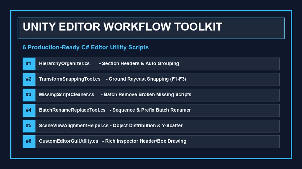 Unity エディタ拡張 ワークフロー効率化スクリプト 6種キット|Hierarchy整理・スナップ・Missing除去・一括リネーム