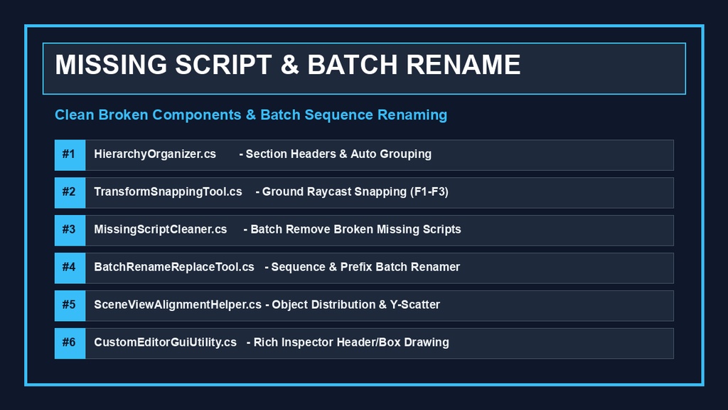 Unity エディタ拡張 ワークフロー効率化スクリプト 6種キット|Hierarchy整理・スナップ・Missing除去・一括リネーム