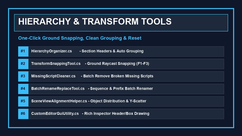 Unity エディタ拡張 ワークフロー効率化スクリプト 6種キット|Hierarchy整理・スナップ・Missing除去・一括リネーム