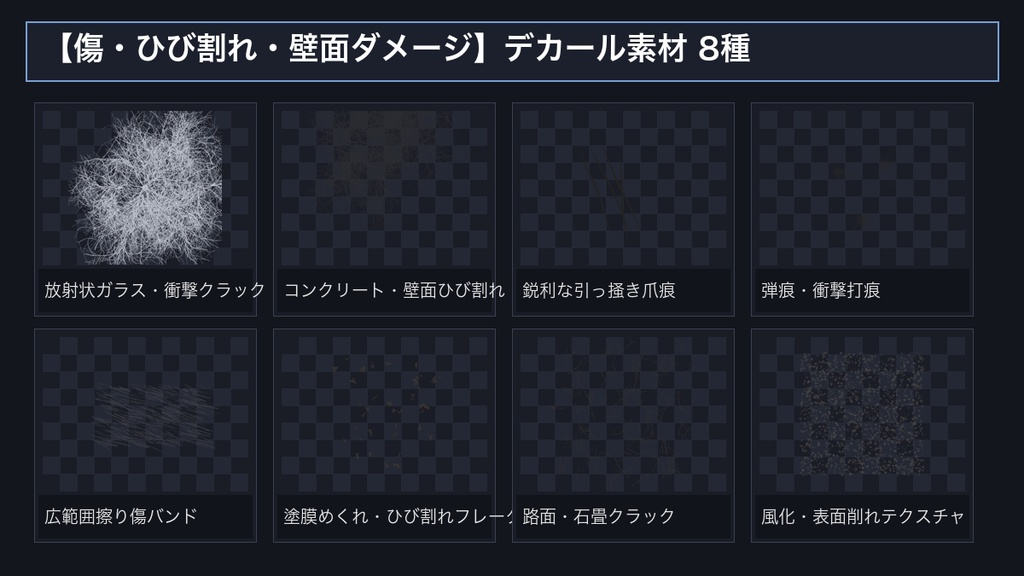 【3D/VRChat/2D素材】汚し・ウェザリング・グランジ デカールテクスチャパック 32種|高解像度2048px透過PNG