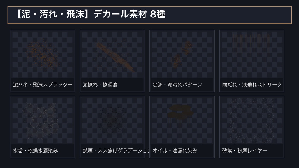 【3D/VRChat/2D素材】汚し・ウェザリング・グランジ デカールテクスチャパック 32種|高解像度2048px透過PNG