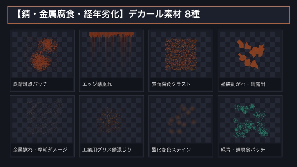 【3D/VRChat/2D素材】汚し・ウェザリング・グランジ デカールテクスチャパック 32種|高解像度2048px透過PNG