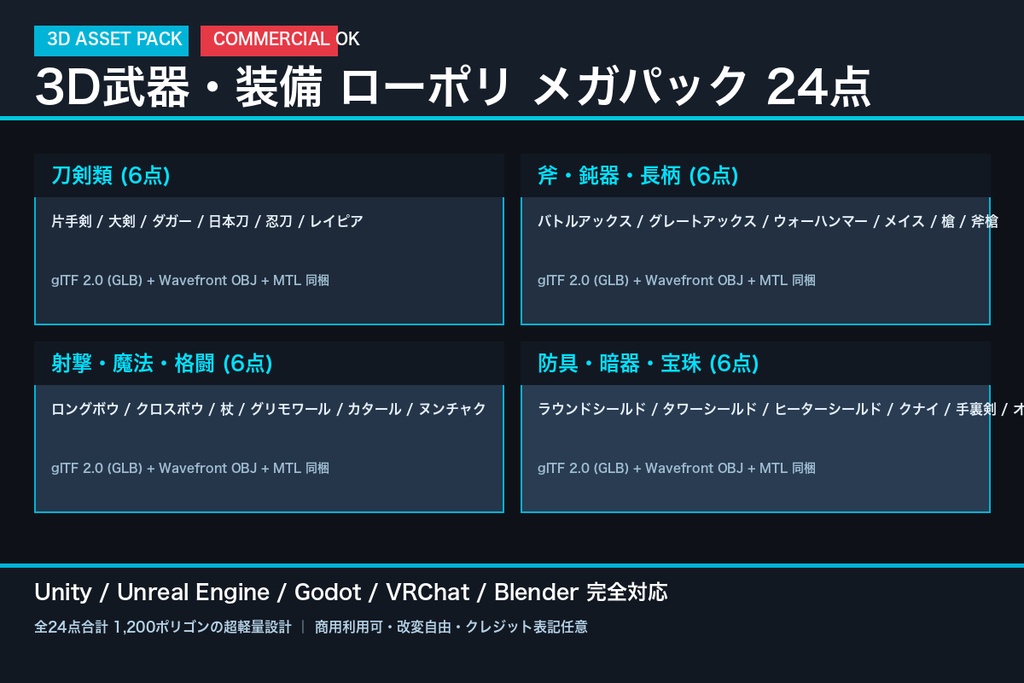 ローポリ 3D武器・装備 メガパック 24点｜剣・大剣・日本刀・斧・戦鎚・槍・弓・杖・盾・暗器（glTF / OBJ・商用可）