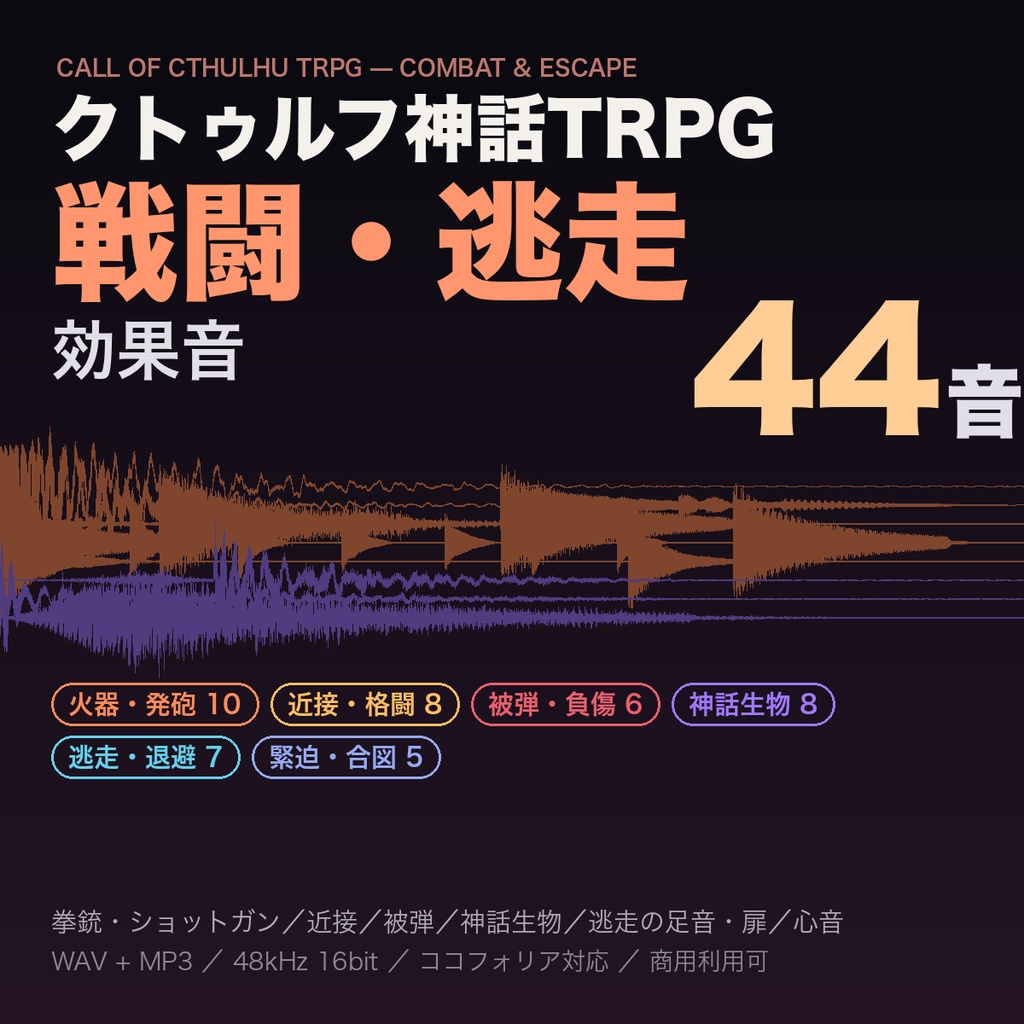 クトゥルフ神話 戦闘・逃走 効果音 44音｜拳銃・ショットガンの銃声／近接／被弾／神話生物／逃走の足音・扉／心音｜TRPG・ココフォリア対応・WAV＋MP3・商用可