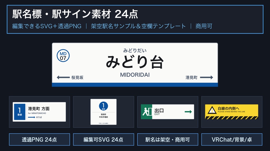駅名標・駅サイン素材 24点|編集できるSVG+透過PNG|架空駅名サンプル&空欄テンプレート|VRChatワールド・背景・同人ゲーム制作向け・商用可