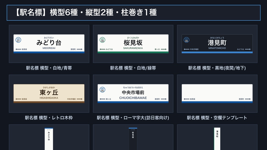 駅名標・駅サイン素材 24点|編集できるSVG+透過PNG|架空駅名サンプル&空欄テンプレート|VRChatワールド・背景・同人ゲーム制作向け・商用可