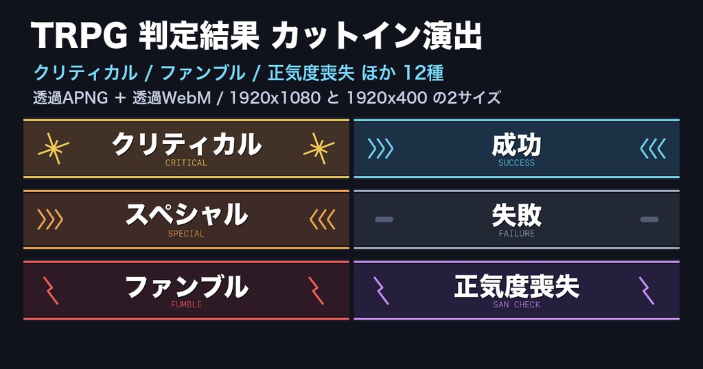 【ココフォリア対応】TRPG 判定結果 カットイン演出 12種|クリティカル・ファンブル・正気度喪失|透過APNG+透過WebM 1920x1080/1920x400・商用可