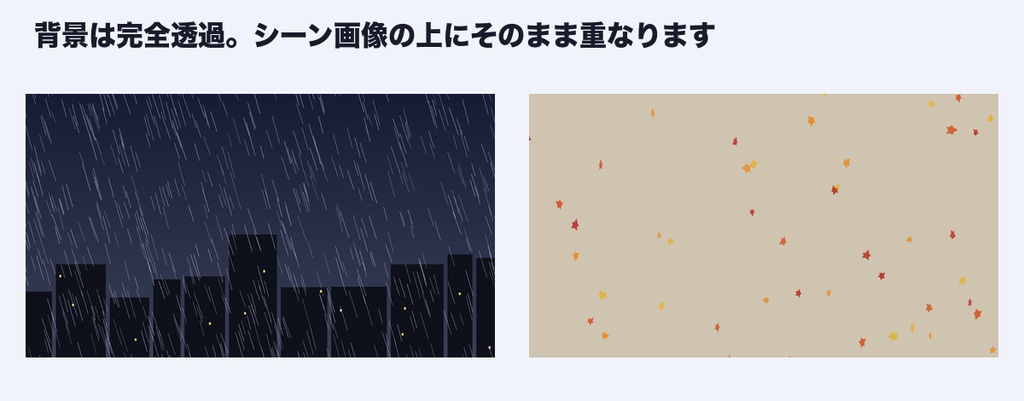 【ココフォリア前景】TRPG 天候エフェクト 全画面ループ 10種|雨・雪・吹雪・霧・火の粉・桜・落ち葉|透過APNG+透過WebM・商用可