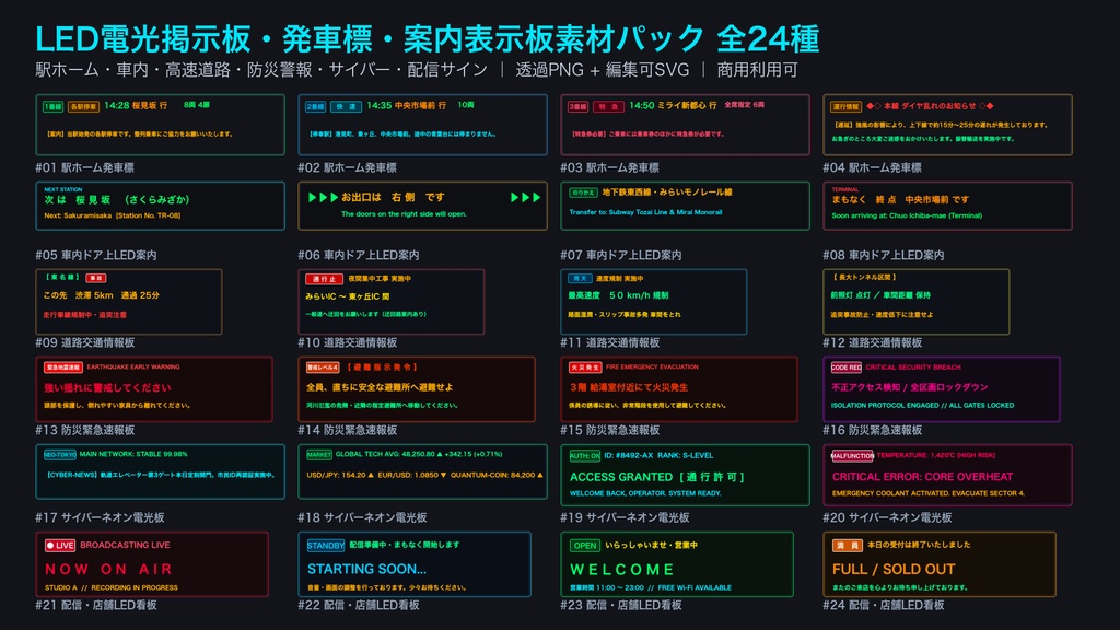 【電光掲示板 素材】LED電光掲示板・駅発車標・案内表示板素材パック 24点|透過PNG&編集可能SVG|TRPG・配信・ゲーム制作向け・商用利用可
