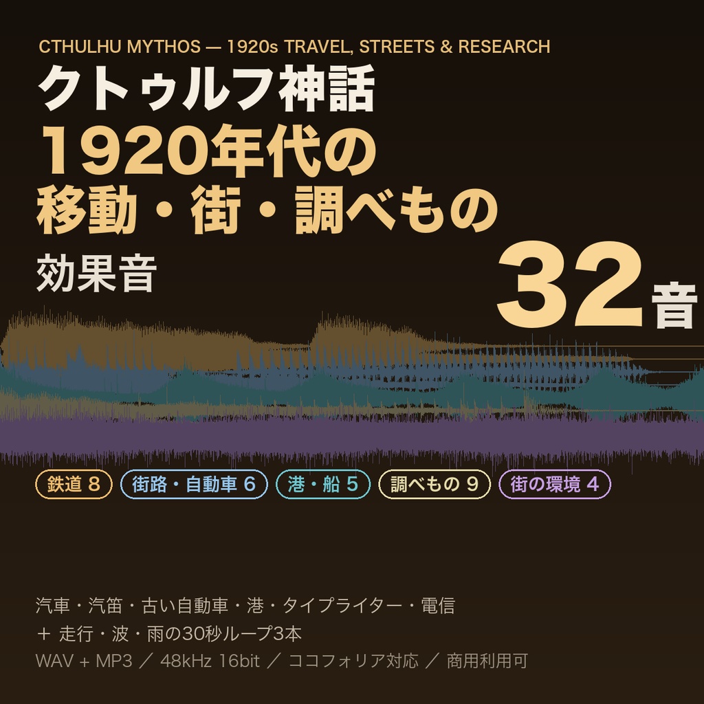 クトゥルフ神話 1920年代の移動・街・調べもの 効果音 32音|汽車・汽笛・古い自動車・路面電車・港と汽船・タイプライター・電信・閃光撮影+走行/波/雨ループ|TRPG・ココフォリア対応・WAV+MP3・商用可