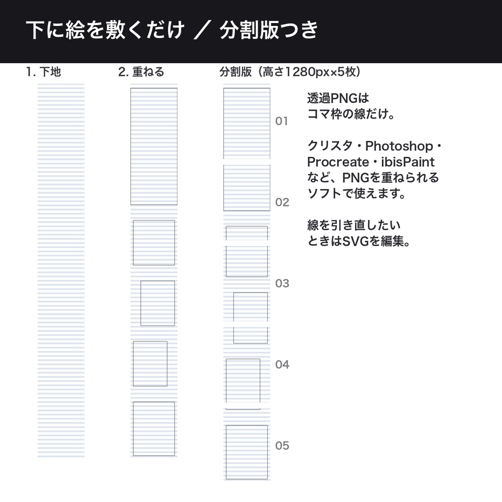 縦読み漫画 コマ割りテンプレート20種|縦スクロール用 幅800px・幅1080px 透過PNG+SVG+高さ1280px分割版|ネーム下地・商用利用可