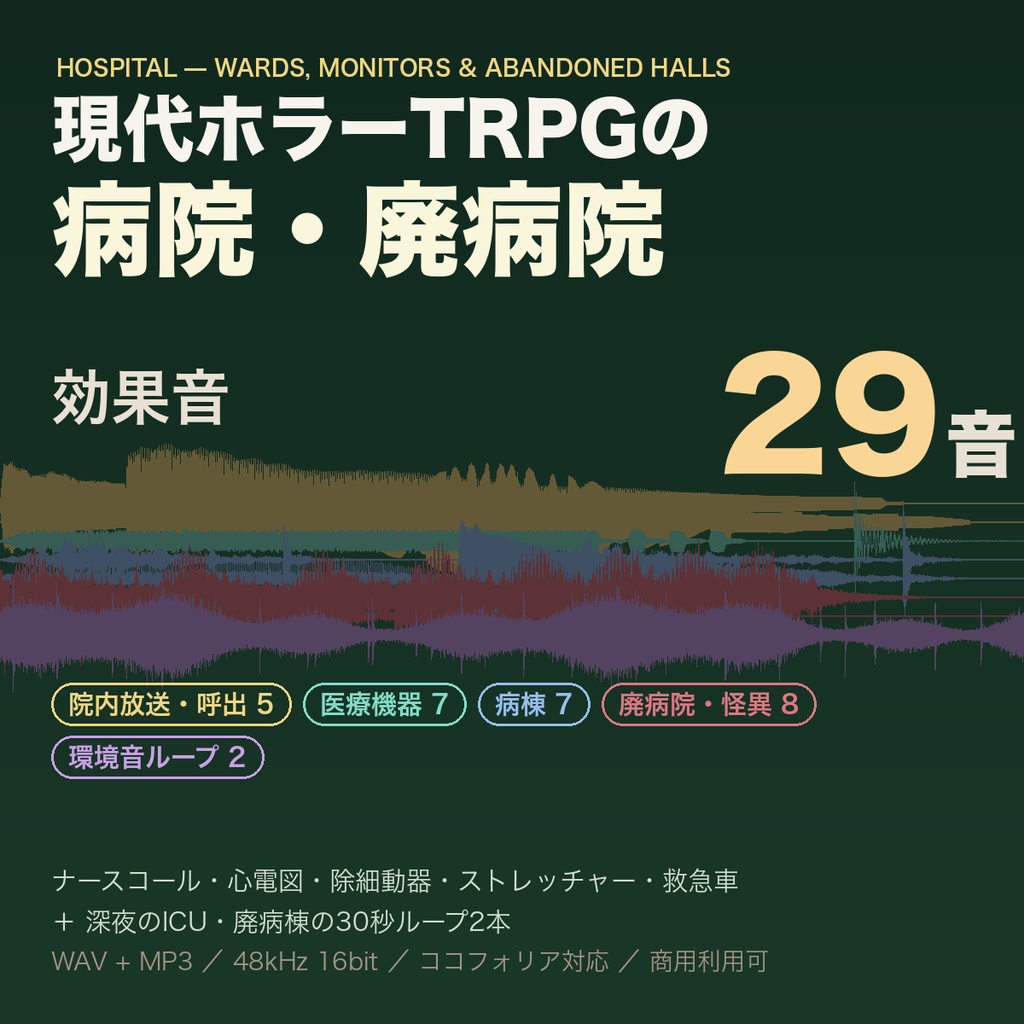 病院・廃病院 効果音 29音｜ナースコール・心電図モニタ・除細動器・ストレッチャー・救急車・院内放送＋深夜のICU/廃病棟ループ｜クトゥルフ・現代ホラーTRPG・ココフォリア対応・WAV＋MP3・商用可