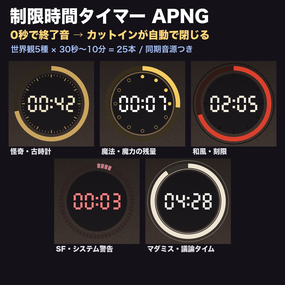 【ココフォリア対応】制限時間タイマー APNG 25本+0秒で鳴って自動で閉じる終了音|30秒〜10分・怪奇/魔法/和風/SF/マダミス議論タイム|カットイン用・TRPG・商用可