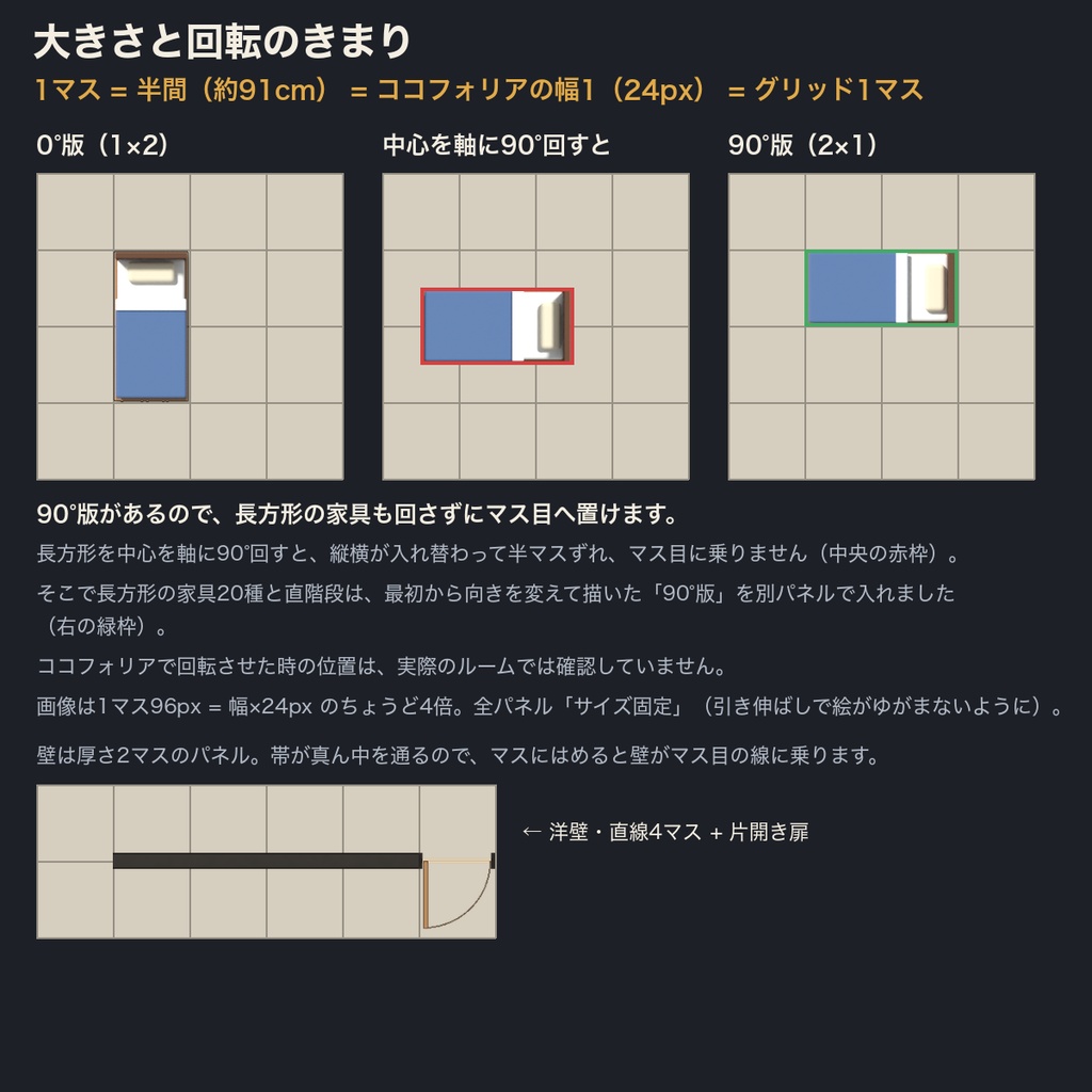 間取り図パーツ 89種(家具は3D俯瞰)|ココフォリア用ルームデータ+透過PNG|家具・壁・扉・床を盤面に並べて探索マップを組める|裏返すと開く隠し部屋・クリックで調べるマーカー付き・商用可