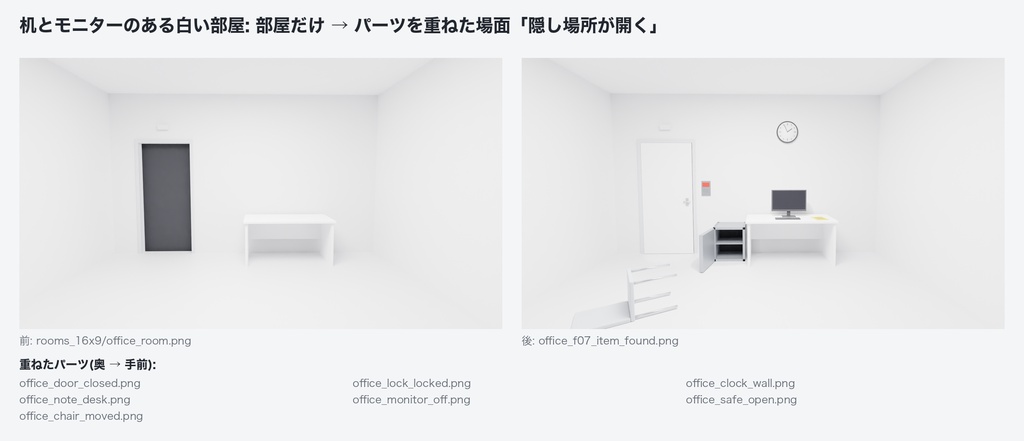 白い部屋 ビルダー一式|同じカメラで描いた部屋6種+透過PNGパーツ90点+組み上がり背景120枚+ココフォリア用ルームデータ|シナリオ同梱OK