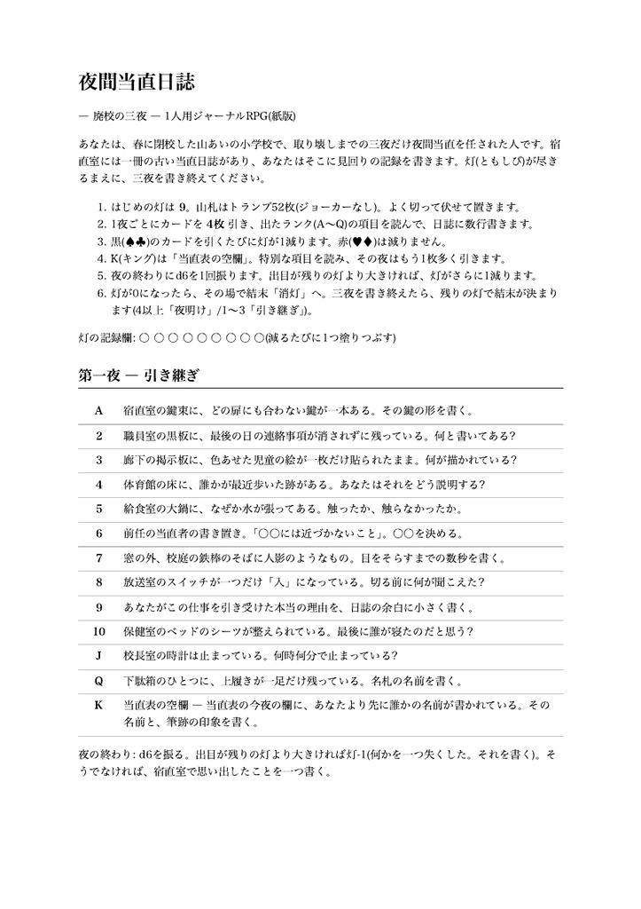 【ソロジャーナルRPG】夜間当直日誌 ― 廃校の三夜 ―|1人用・15〜30分・ブラウザで遊べるHTML+紙版PDF