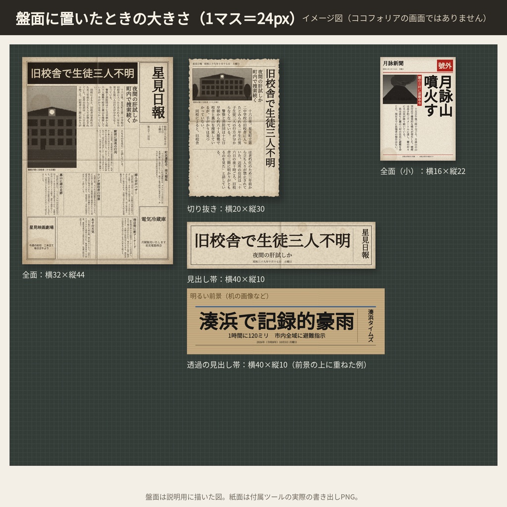 新聞記事メーカー|見出しと本文を入れるだけで新聞の切り抜きハンドアウトをPNG書き出し|大正・昭和・現代・号外 4紙面|ブラウザで動く単体HTML(無料版:1紙面)