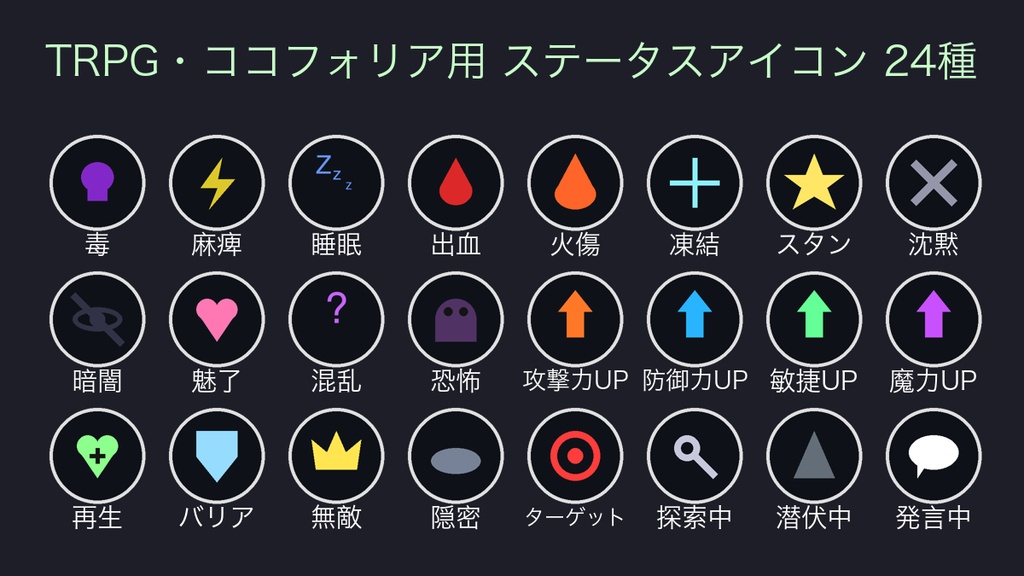 TRPG・ココフォリア用 状態異常ステータスアイコンパック 24種