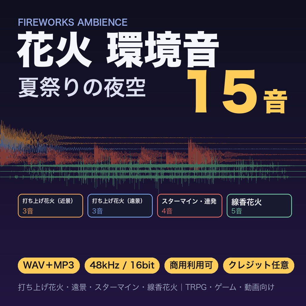 花火 環境音 15音｜打ち上げ花火・遠景の山彦・スターマイン連発・線香花火｜TRPG・ココフォリア対応・WAV＋MP3・商用可