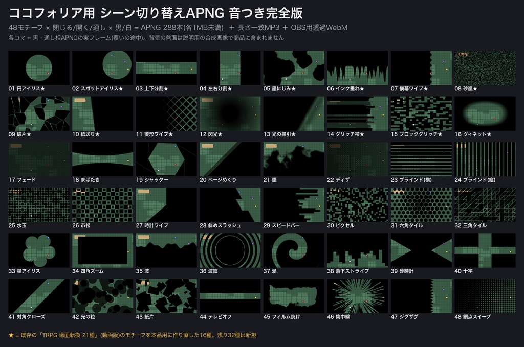 【ココフォリア用】シーン切り替えAPNG 音つき完全版 48種×閉じる/開く/通し×黒白|鳴り終わると自動で閉じる同期SE付き|透過APNG+MP3+OBS用透過WebM・商用可(無料サンプルは全480点のうち37点)