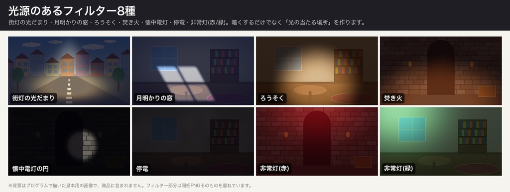 【ココフォリア前景】時間帯・照明フィルター 24種×濃さ3段階|朝・昼・夕暮れ・夜・深夜・月明かり・街灯・ろうそく・停電・非常灯・回想セピア ほか|16:9と4:3の透過PNG 144枚・重ねる前後の比較見本つき(無料版6種)