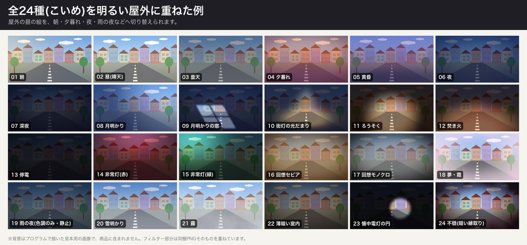 【ココフォリア前景】時間帯・照明フィルター 24種×濃さ3段階|朝・昼・夕暮れ・夜・深夜・月明かり・街灯・ろうそく・停電・非常灯・回想セピア ほか|16:9と4:3の透過PNG 144枚・重ねる前後の比較見本つき(無料版6種)