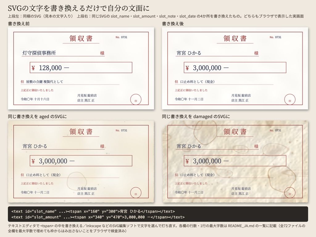 シナリオ同梱OK|手紙・診断書・領収書・切符など紙の小道具 文字差し込み用SVG+透過PNG 24種|頒布シナリオ・マダミス用