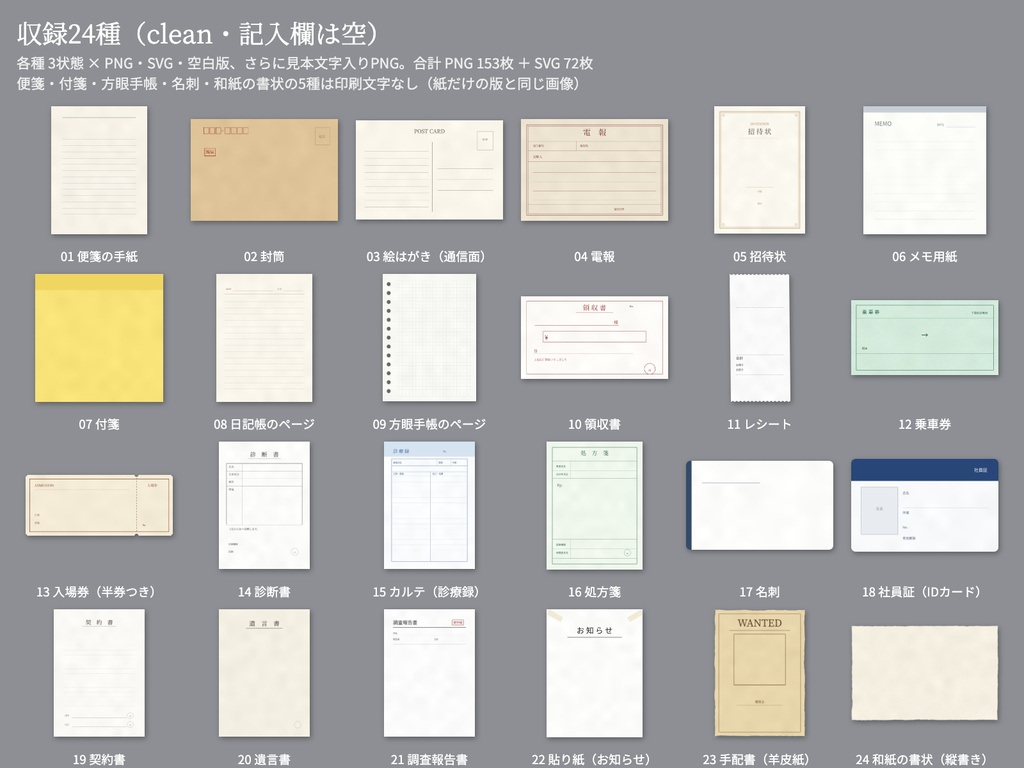 シナリオ同梱OK|手紙・診断書・領収書・切符など紙の小道具 文字差し込み用SVG+透過PNG 24種|頒布シナリオ・マダミス用