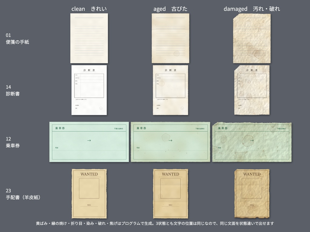 シナリオ同梱OK|手紙・診断書・領収書・切符など紙の小道具 文字差し込み用SVG+透過PNG 24種|頒布シナリオ・マダミス用