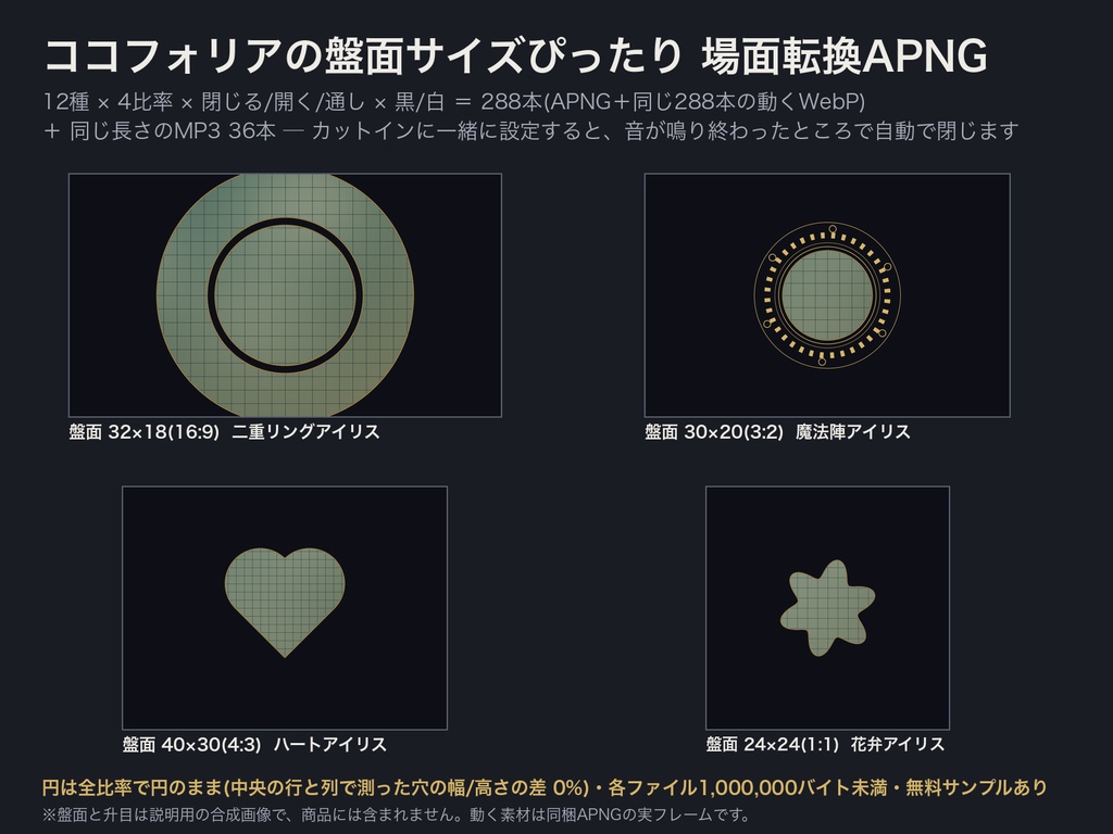 【ココフォリア用】盤面サイズぴったり 場面転換APNG 12種×4比率(32x18/30x20/40x30/24x24)|円が楕円にならない・鳴り終わると自動で閉じる音つき|無料サンプルあり