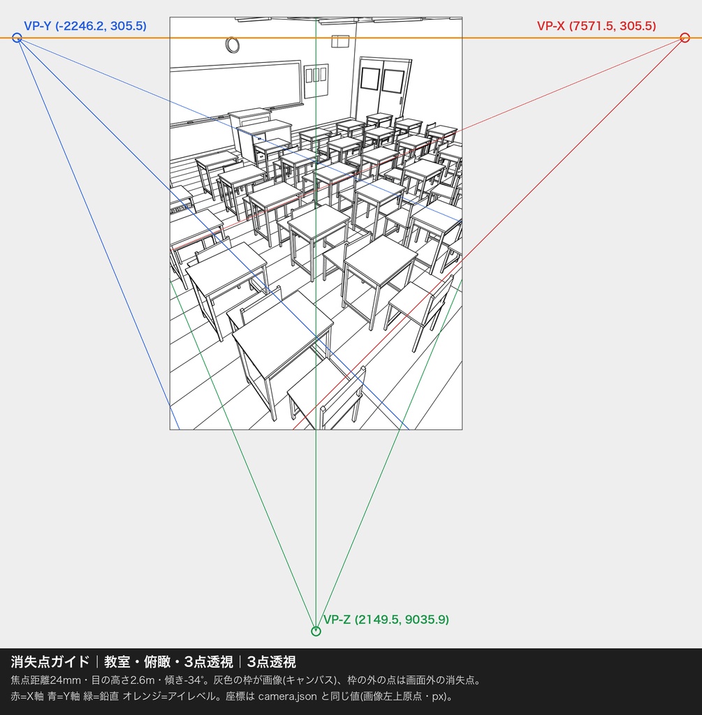 漫画背景 3D由来 パース厳密 線画 室内10部屋×6アングル|消失点ガイド付き SVG+透過PNG 600dpi