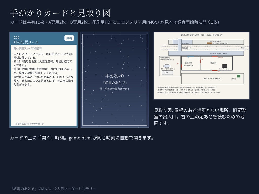 【GMレス二人用】マーダーミステリー『終電のあとで』|ブラウザが進行役・証拠が時間で開く・ココフォリア部屋と進行音つき|約60分