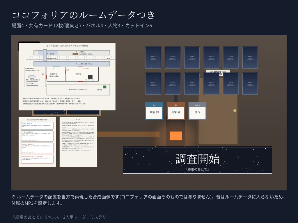 【GMレス二人用】マーダーミステリー『終電のあとで』|ブラウザが進行役・証拠が時間で開く・ココフォリア部屋と進行音つき|約60分