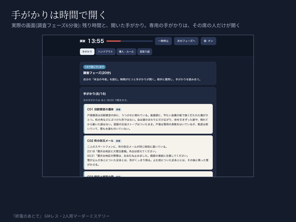 【GMレス二人用】マーダーミステリー『終電のあとで』|ブラウザが進行役・証拠が時間で開く・ココフォリア部屋と進行音つき|約60分