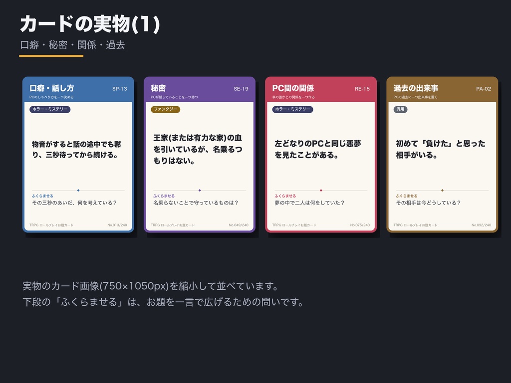 TRPG ロールプレイお題カード 240枚|PCの口癖・秘密・関係・場面の火種をめくって配る|OBS自動めくり+ココフォリア用カード画像+めくり音