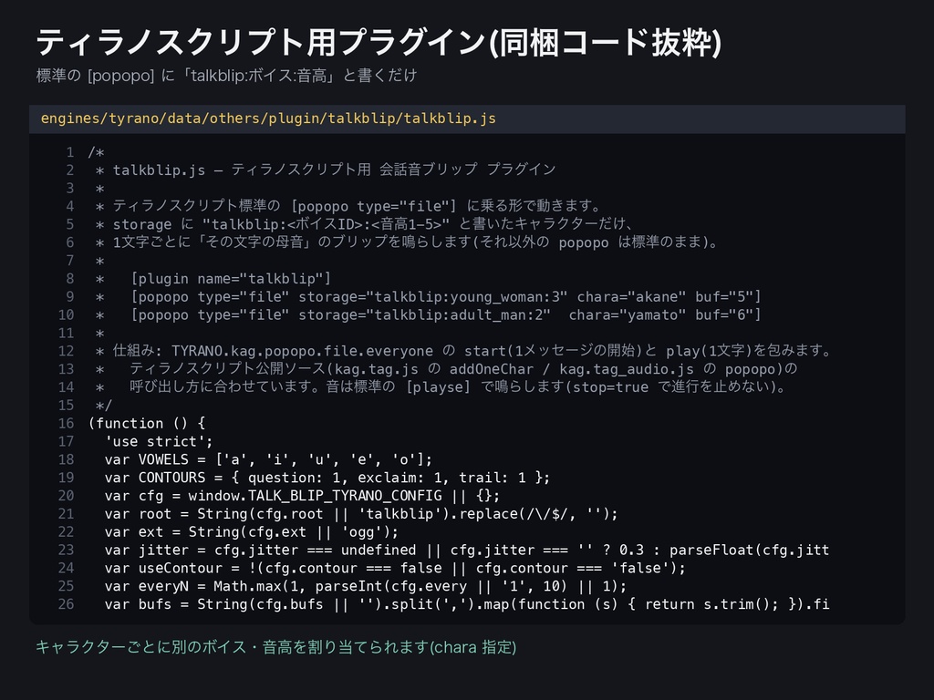 ノベルゲーム・ADV向け 会話音ブリップSE|キャラ12声×かな母音5種×音高5段の文字送り音+Godot/Unity/ティラノ/HTML用スクリプト付き