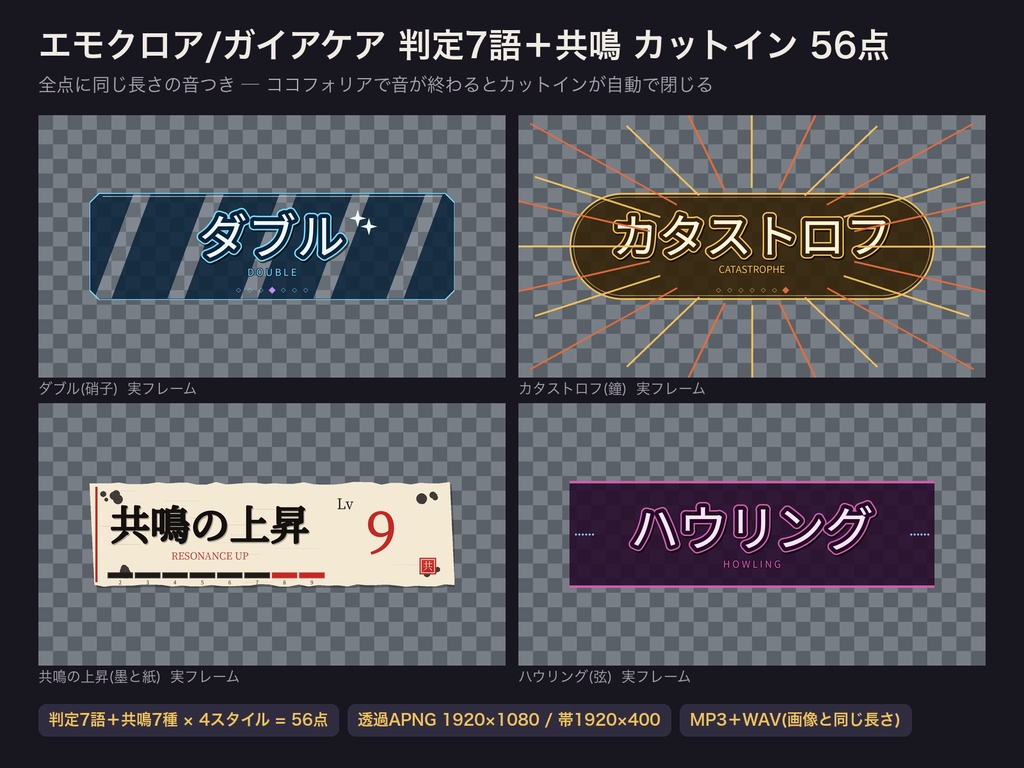 【ココフォリア対応】エモクロア/ガイアケア 判定7語+共鳴 カットイン音つきキット 56種|音の終わりで自動で閉じる|透過APNG(1MB以下)+長さ合わせ済み音源・設定表・無料サンプルあり(ダイスタス・コモンズ)