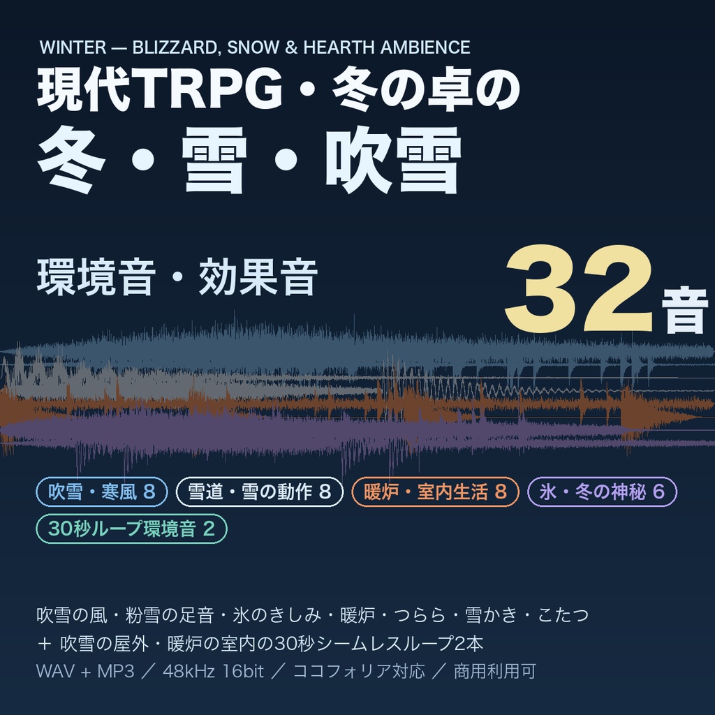 冬・雪・吹雪の環境音・効果音 32音|吹雪の風・粉雪の足音・氷のきしみ・暖炉の火・つららの滴り・雪かき・こたつ+吹雪/暖炉ループ|現代TRPG・ココフォリア対応・WAV+MP3・商用可